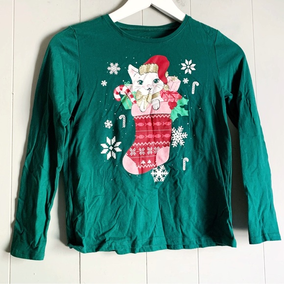 Children’s Place Xmas Cat LS Tee M or L - Picture 1 of 5